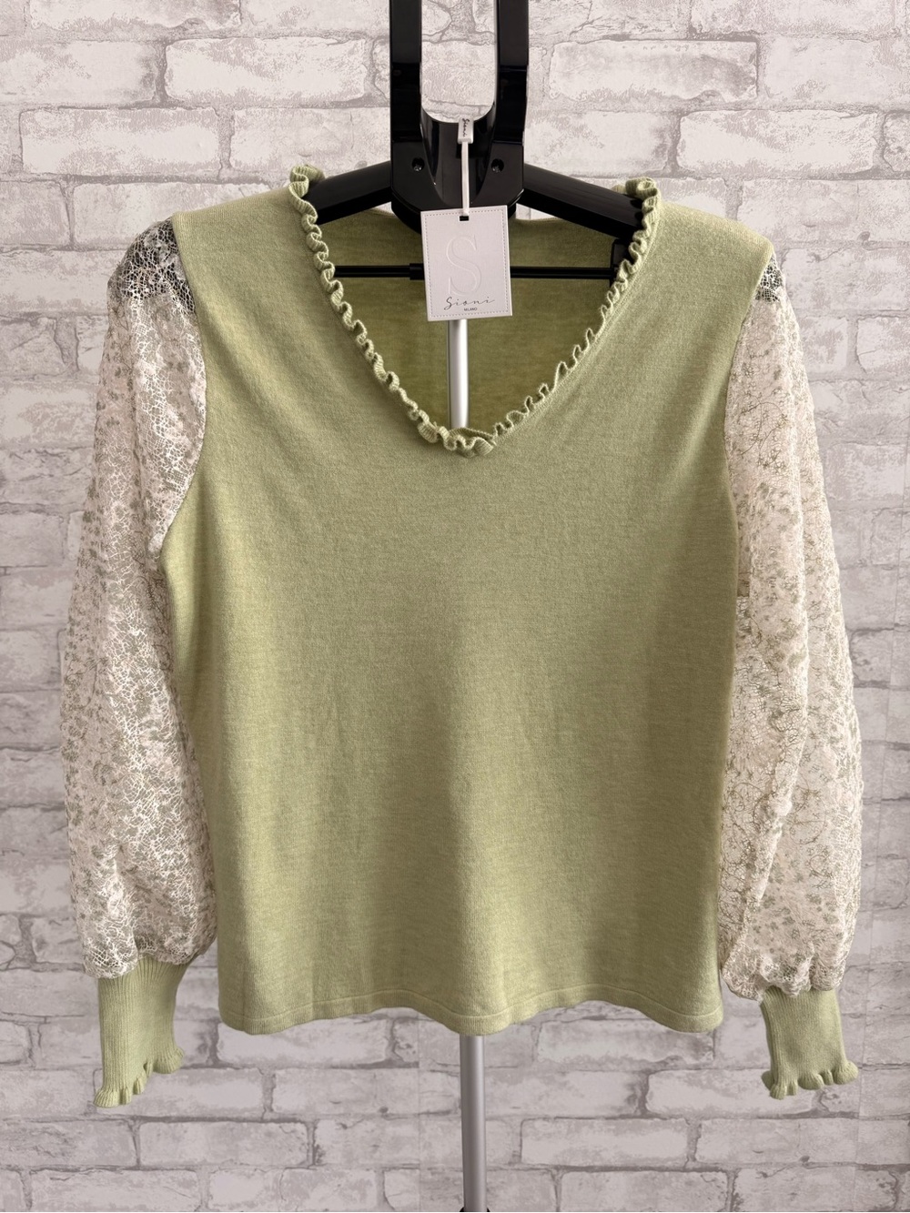 Sioni Sage Green V-Neck Sweater with Cream Lace Sleeves